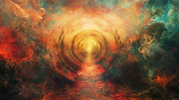 Through a wormhole of light, a fantastical journey, a trippy pathway through space.