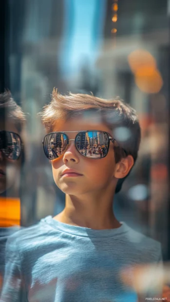 Through the lens of city reflections, the boy adjusts his sunglasses and keeps walking.