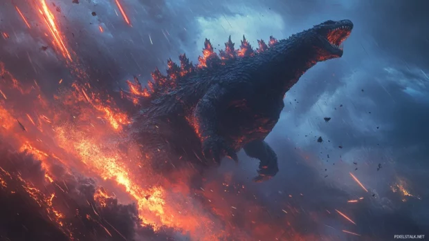 Thunder and debris crash around Godzillas claw as he climbs.