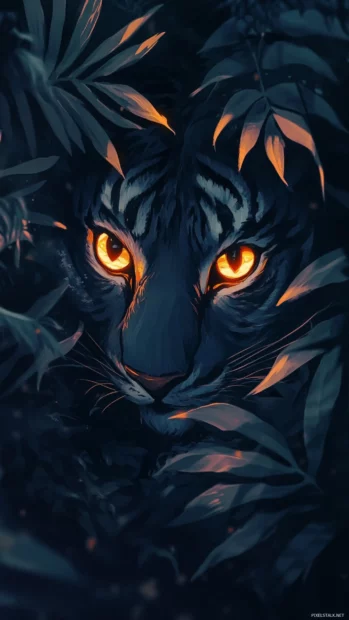Tiger eyes glowing fiercely through dark jungle leaves.