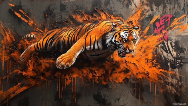Tiger leaping through wall of molten graffiti tags.