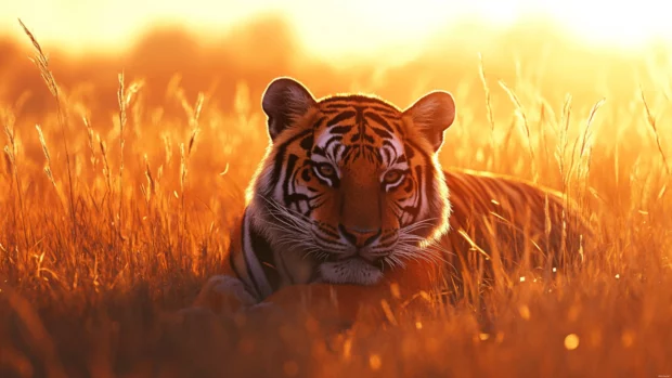 Tiger resting in tall grass in warm sunset tones.
