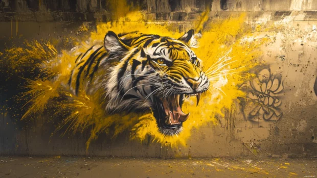 Tiger roaring through explosive yellow spray in graffiti urban tunnel.