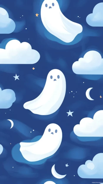 Tile based Aesthetic Ghost Wallpapers where minimal ghost outlines float among crescent moons and clouds.