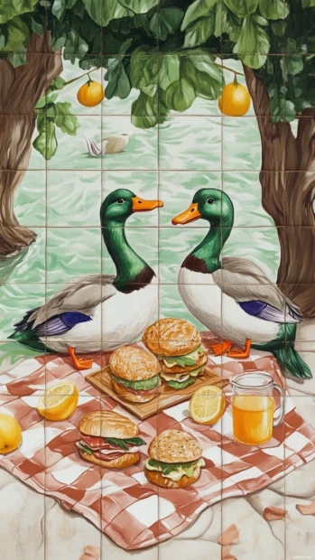 Tile based illustration of aesthetic ducks on picnic blankets with sandwiches and lemonade.