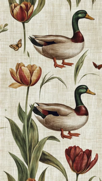 Tile style Aesthetic Wallpapers with alternating ducks and tulip blooms on a linen textured canvas.
