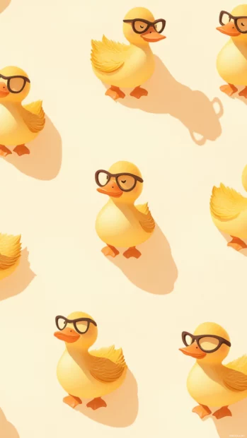 Tiled layout of small smiling ducks wearing glasses with gentle shadows and outlines.