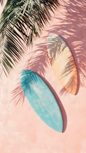 Tiled summer aesthetic with pastel surfboards, palm shadows, and gentle beach textures, cute summer vibe.
