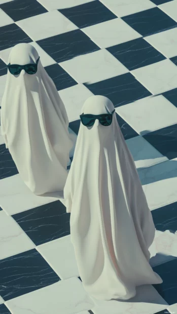 Tiled wallpaper of stylish ghosts in sunglasses walking across a minimalist floor.