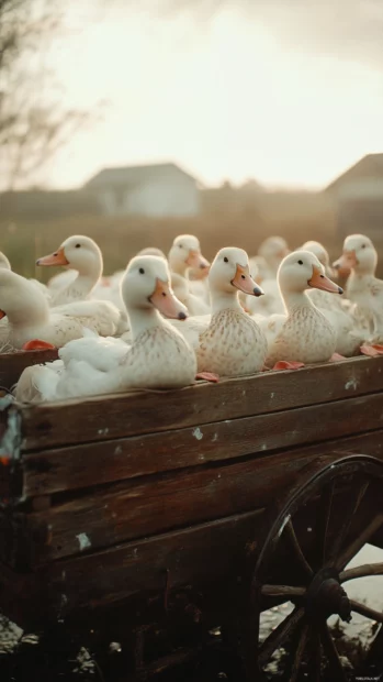 Tiles of ducks sitting in wagons with ribbons and soft light leak edges.