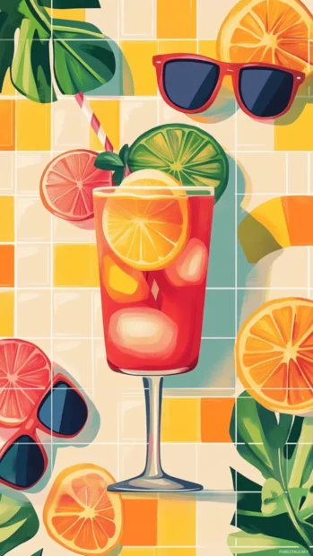 Tiles of fruity cocktails and sunglasses filling Preppy Summer Wallpapers with vibrant energy.