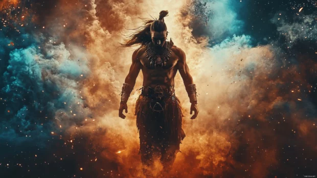 Timeless warrior standing between two dimensions.