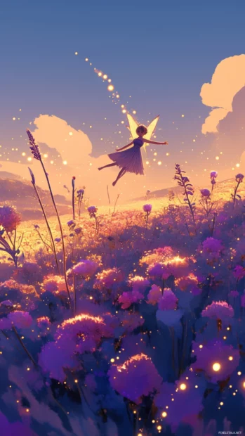 Tinker Bell flying above a flower field sparkling with fairy dust.