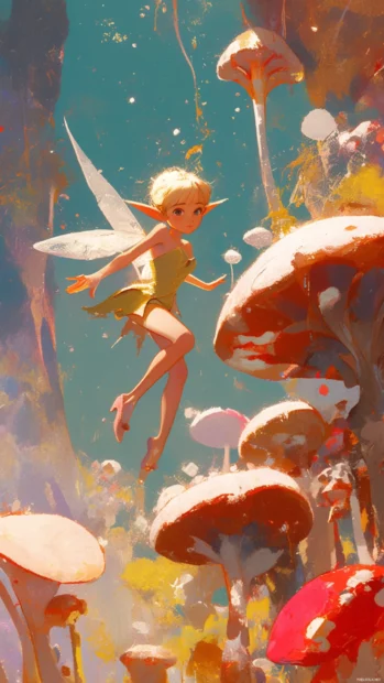 Tinker Bell flying through glitter dust beside sparkling mushrooms.