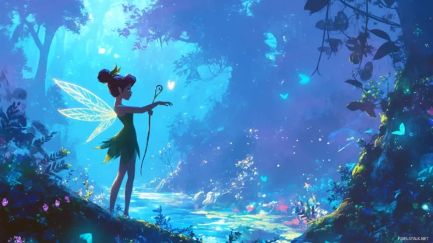 Tinker Bell lighting up forest trails with magical sparkles.