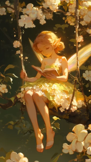 Tinker Bell sitting in a flower swing reading a tiny book.