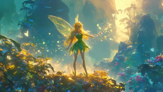 Tinker Bell sprinkling pixie dust across a sunrise garden.