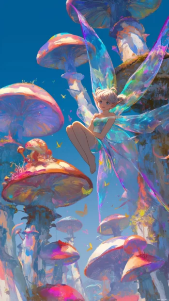 Tinker Bell with metallic wings flying through techno mushrooms.