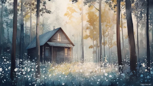Tiny cabins hidden within early spring watercolor forests, Clean and Elegant style.