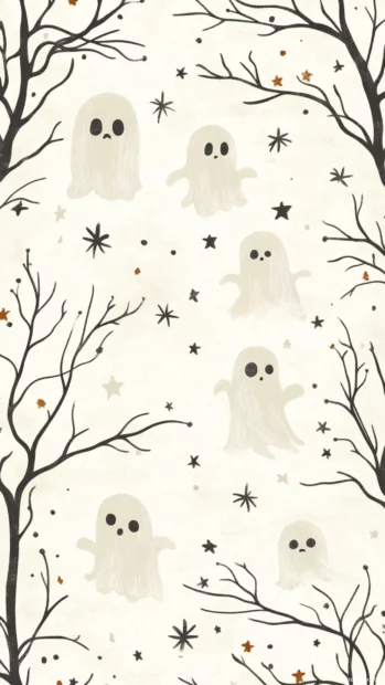 Tiny cartoon ghosts floating with tiny stars and branches in muted sepia tone tiles.
