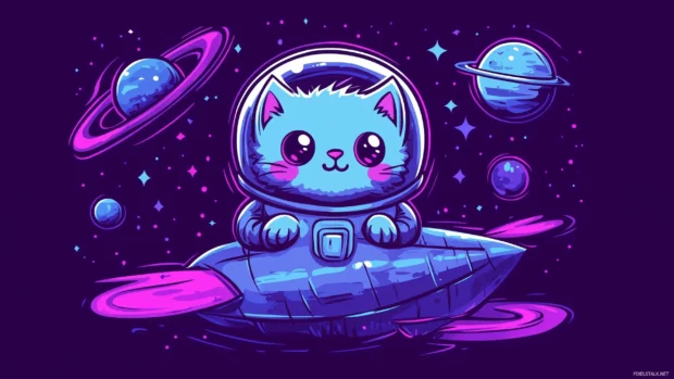 Tiny cat astronaut in space, shiny spaceship, planets, and cute helmet.
