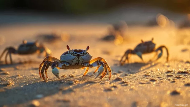 Tiny crabs scurrying along a sandy beach at dawn.