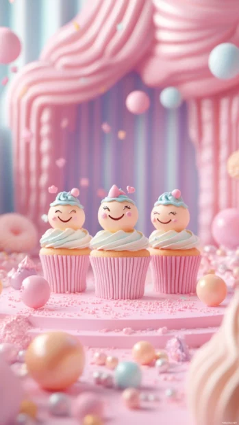 Tiny cupcakes with happy faces dancing on a pastel stage.
