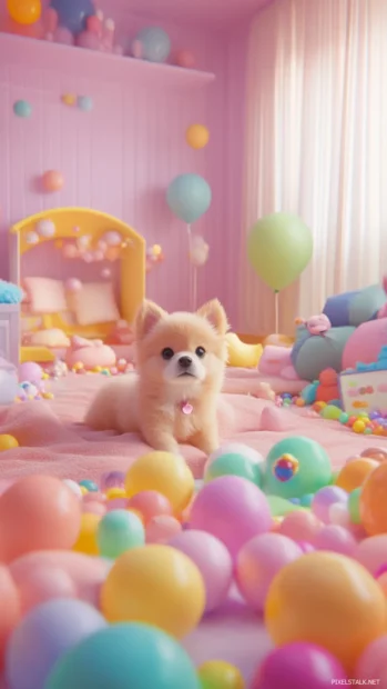 Tiny cute puppy explores a room filled with pastel toys.