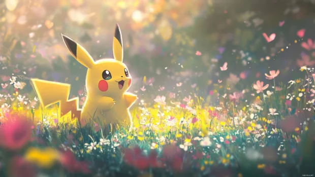 Tiny flowers bloom under Pikachus steps as he walks across a mystical field.