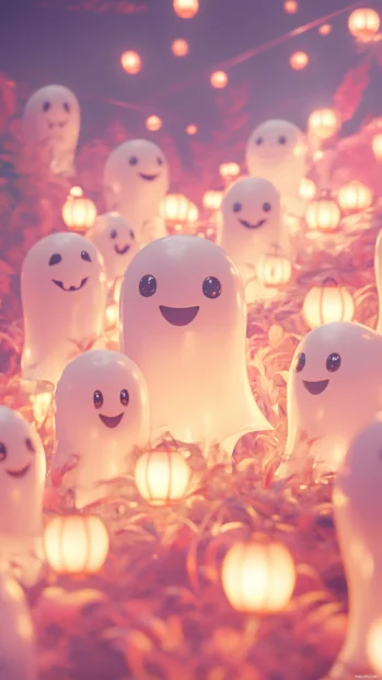 Tiny ghost characters line up in pastel rows holding lanterns with smiling faces.