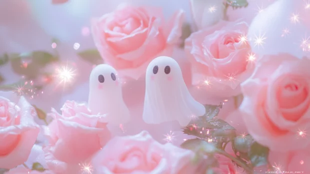 Tiny ghosts dance between pink roses and gentle sparkles on a soft background.