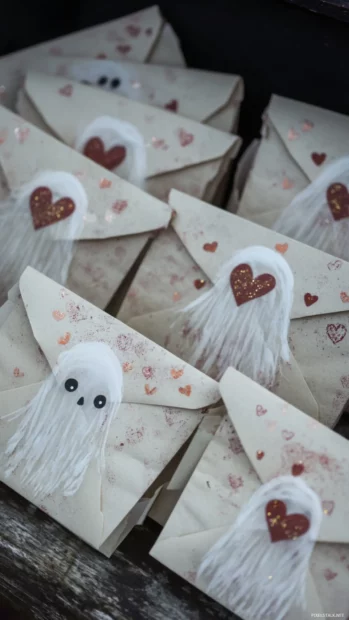 Tiny ghosts peek out of envelopes sealed with hearts and glitter dust.