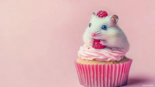 Tiny hamster sitting on a cupcake, pastel colored.