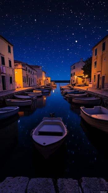 Tiny harbors whispering under starry veils.