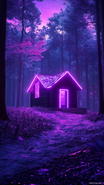 Tiny house glowing in purple neon forest.