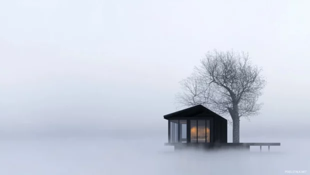 Tiny house in fog centered in empty space, elegant and modern look.