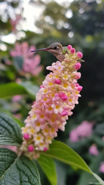 Tiny hummingbird sipping nectar from Pretty Flower.