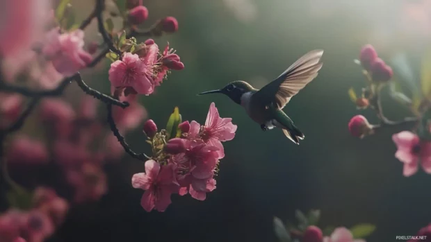 Tiny hummingbirds flitting rapidly around pink blossoms.
