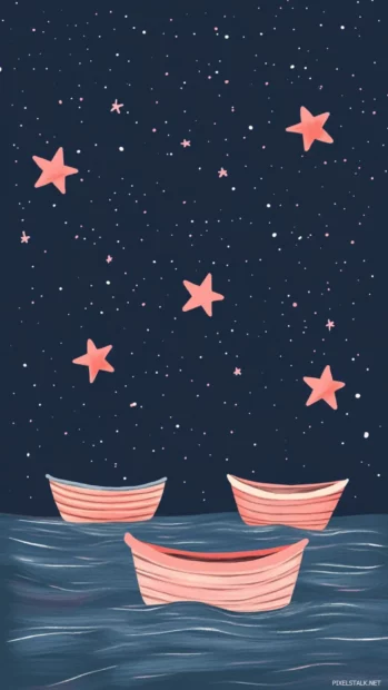 Tiny illustrated boats under pink stars.