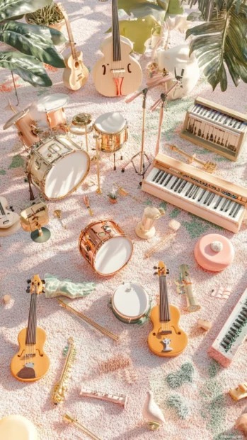 Tiny instruments arranged on pastel carpet scene.