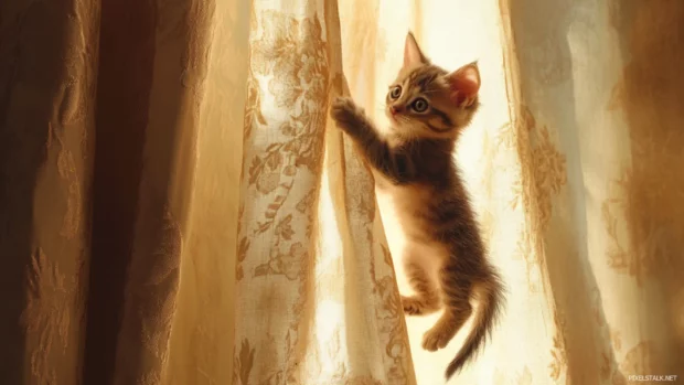 Tiny kitten climbing a curtain in a sunlit morning room.