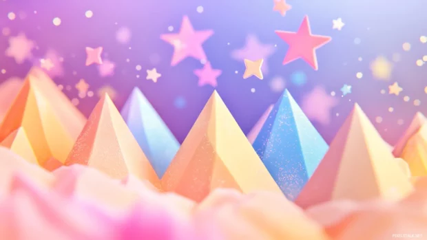 Tiny mountains crowned by giggling pastel stars.
