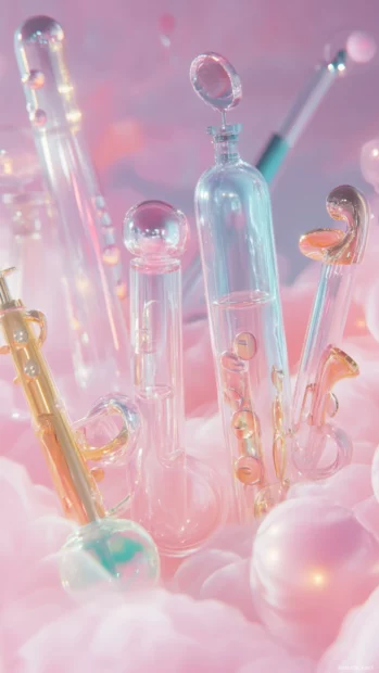 Tiny pastel instruments floating in pink mist.
