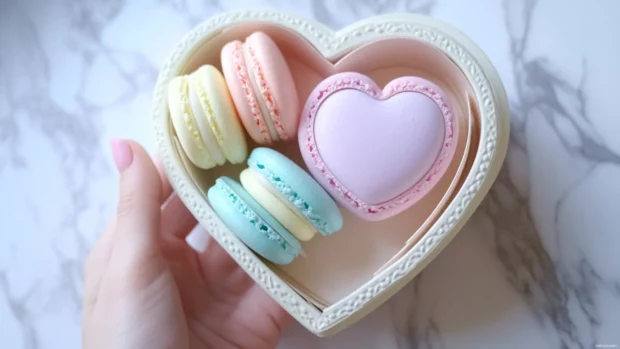 Tiny pastel macarons in a decorative heart shaped box.