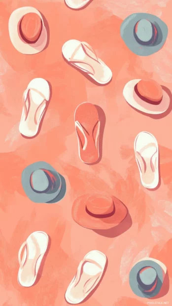 Tiny pastel summer sandals and hats dancing across a muted coral backdrop.