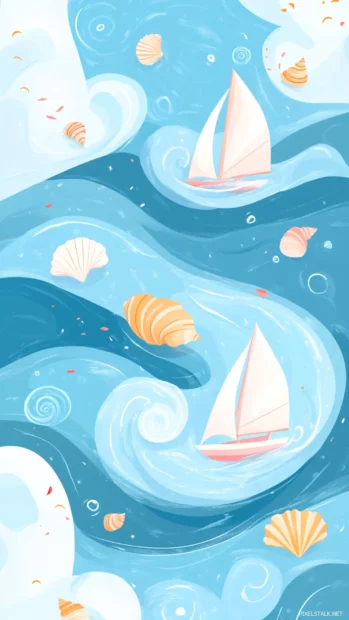 Tiny pastel summer waves curling up with cute sailboats and seashells floating gently.