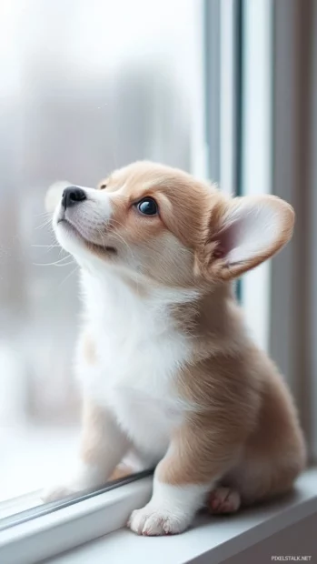 Tiny paws on a windowsill, the cute puppy watches birds outside.