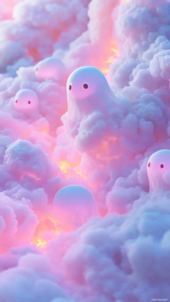 Tiny pink ghost patterns drift over a cloud like texture with warm glows.