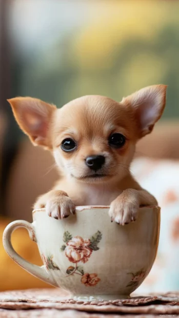 Tiny puppy sitting in a teacup, optimized for vertical puppy wallpapers on phones.