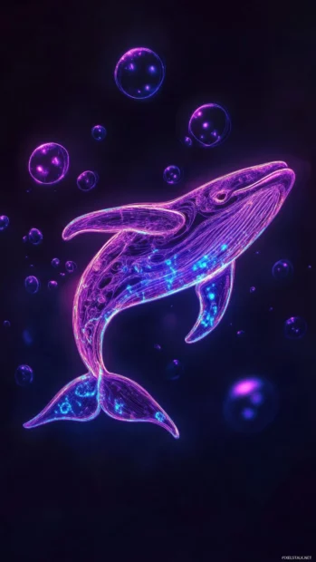 Tiny purple whale outlined in neon bubbles.